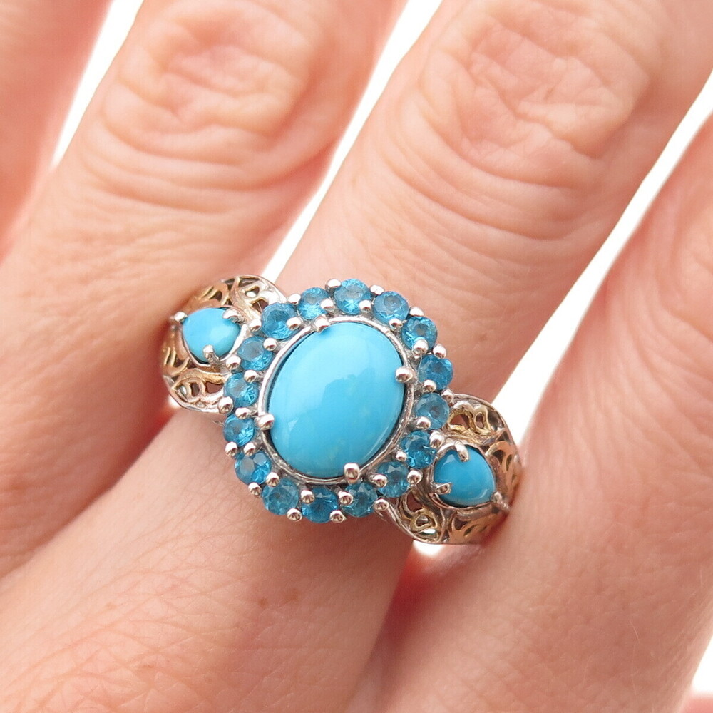 Chuck Clemency 925 Sterling Silver 2-Tone Real Turquoise Apatite Ring Size 8.25